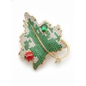 Elegant Gold PlatedFloral Brooch Pin for Women Green, Red & White Crystals